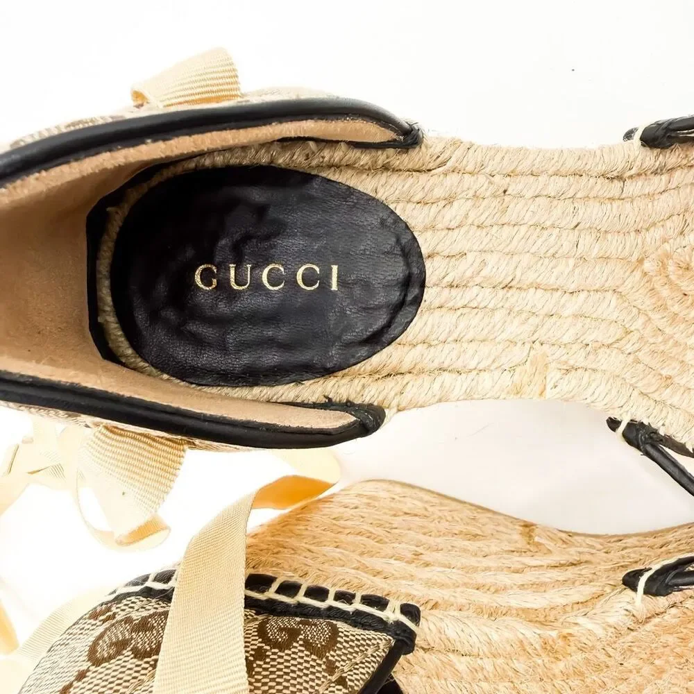 Gucci GG Espadrille Wedge Sandal EU 38 US 8 Monogram Canvas Ankle Wrap